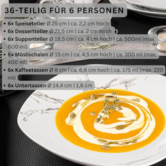 SANGER | Service de table combiné en marbre Bilgola, service de table 36 pièces pour 6 personnes avec assiettes plates, assiettes à dessert, assiettes Suma, bols à céréales, assiettes à café et soucoupes en porcelaine, carré | LA COLLECTION PREMIUM