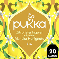 Pukka | Amestec de ceaiuri aromatizate bio „Lămâie și ghimbir cu o notă fină de miere de Manuka” | Încălzește-te și relaxează-te cu acest ceai | Pachet de 1 | 20 pliculețe de ceai