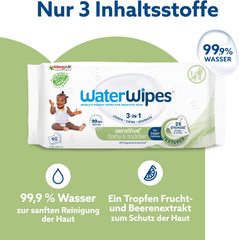 WaterWipes Sensitive+ Lingettes humides pour bébés et tout-petits, 720 unités (paquet de 12), nettoyage 3 en 1, entretien, protection, 99,9 % d'eau, nettoyage texturé, sans parfum