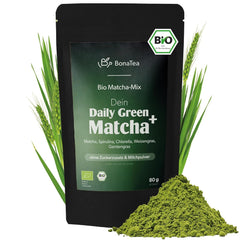 Bio Daily Green Matcha+, amestec de matcha cu spirulină, chlorella, iarbă de grâu, iarbă de orz și 60% matcha premium organic din Japonia, 80 g