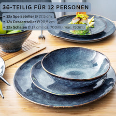 Sanger | Service de table Tokyo 36 pièces Service de table en porcelaine pour 12 personnes Vaisselle moderne faite à la main bleu foncé avec accents noirs | LA COLLECTION PREMIUM