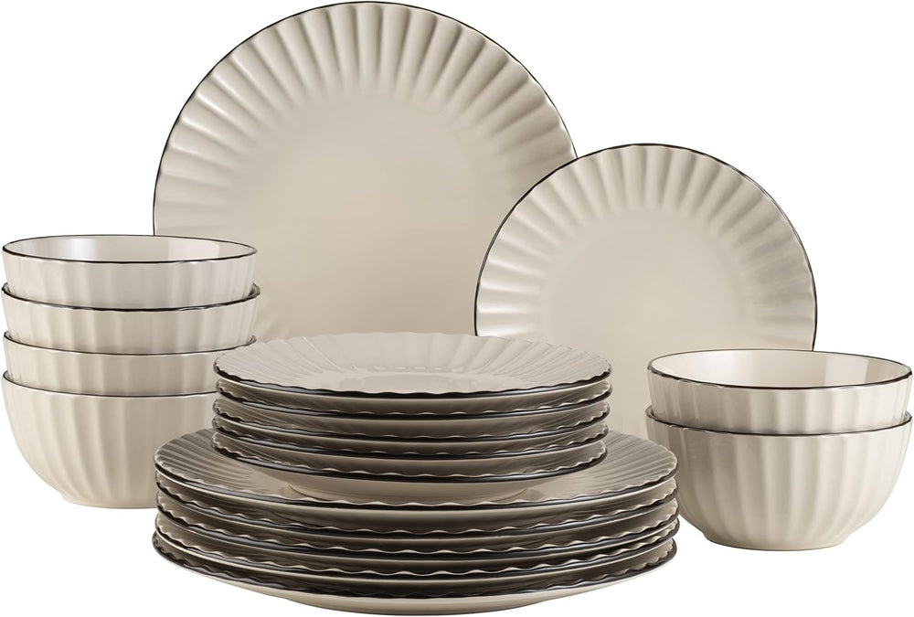 MÄSER 931967 Osita Retro Series Service de table Wave pour 6 personnes, service de table rond 18 pièces, assiettes plates, assiettes à dessert et bols à céréales, céramique, blanc crème