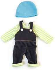 Miniland Set Puppenkleidung 32cm, girgeltes T-Shirt mit Latzhose und Mütze, Übergangszeit