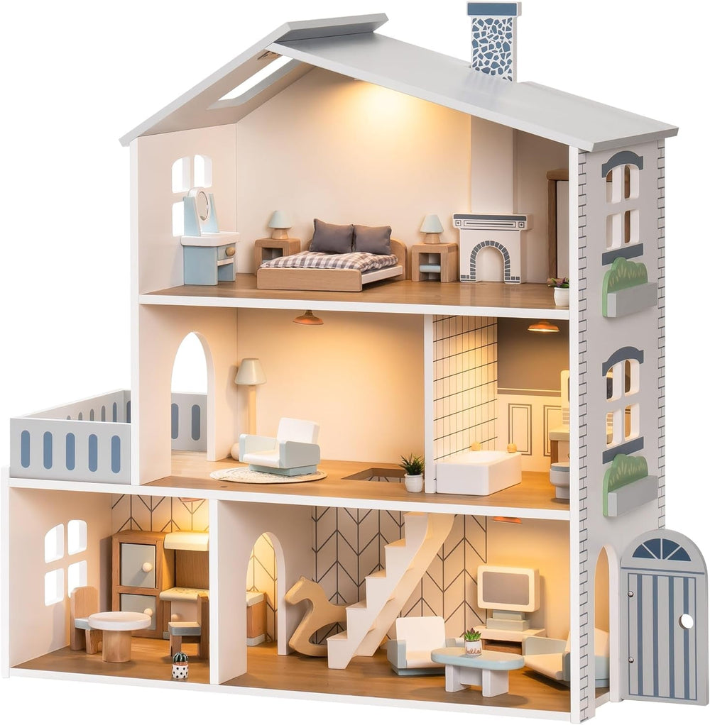 ROBUD Maison de poupée en bois avec lumières, 3 étages, meubles et escaliers inclus, jouet pour 3 ans et plus