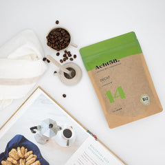 Expresso | Café n° 14 biologique du Pérou décaféiné (250 g) par ACHT58 - Arabica péruvien pur d'origine unique - Procédé à l'eau suisse - Sirop d'érable, pralines et chocolat au lait