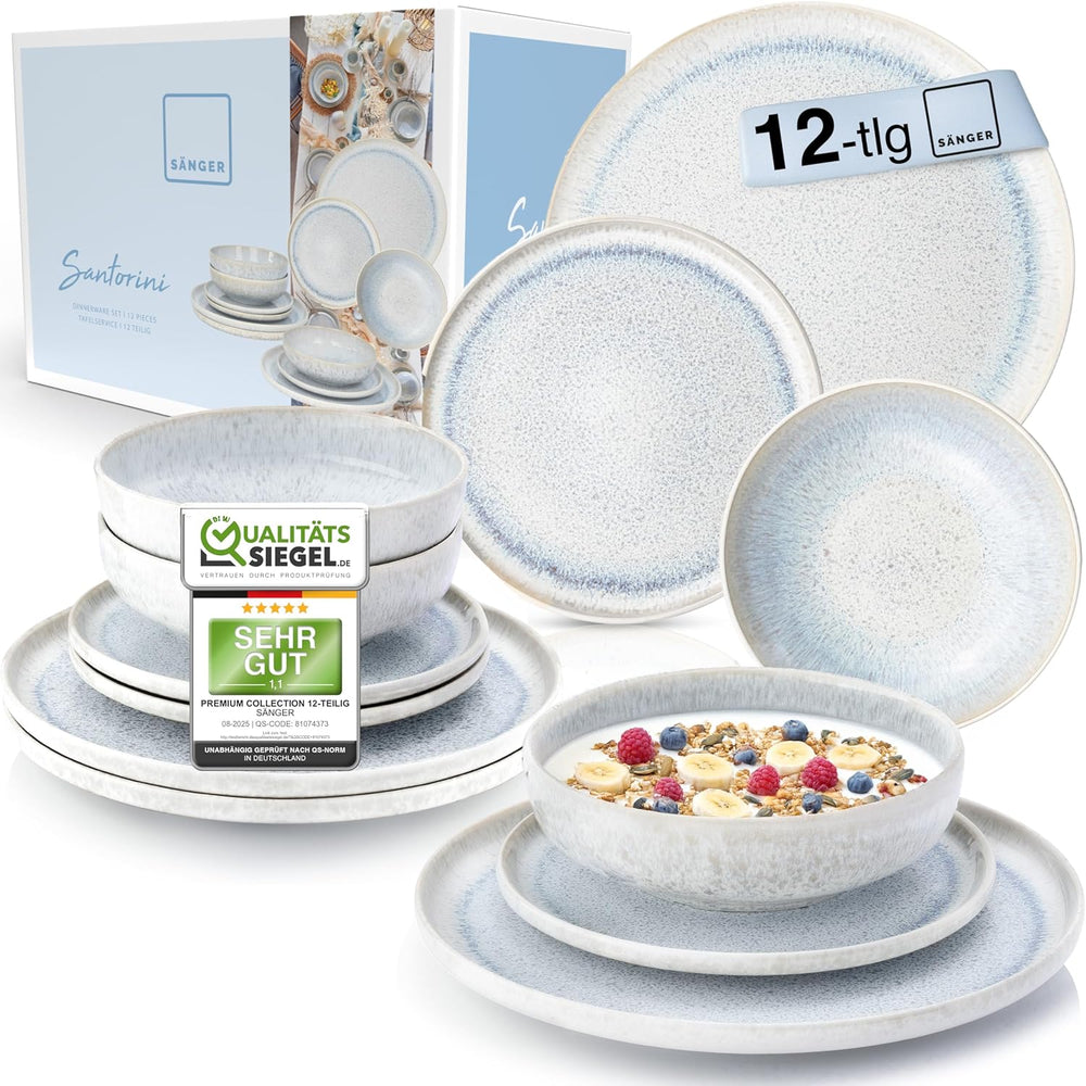 SANGER | Service de table Santorin 12 pièces Service d'assiettes pour 4 personnes TRÈS BON Service de table en grès comprenant des assiettes plates, des assiettes à dessert et des assiettes Suma Crème Lilas Bleu Dégradé | LA COLLECTION PREMIUM