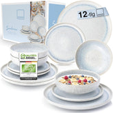SANGER | Service de table Santorin 12 pièces Service d'assiettes pour 4 personnes TRÈS BON Service de table en grès comprenant des assiettes plates, des assiettes à dessert et des assiettes Suma Crème Lilas Bleu Dégradé | LA COLLECTION PREMIUM