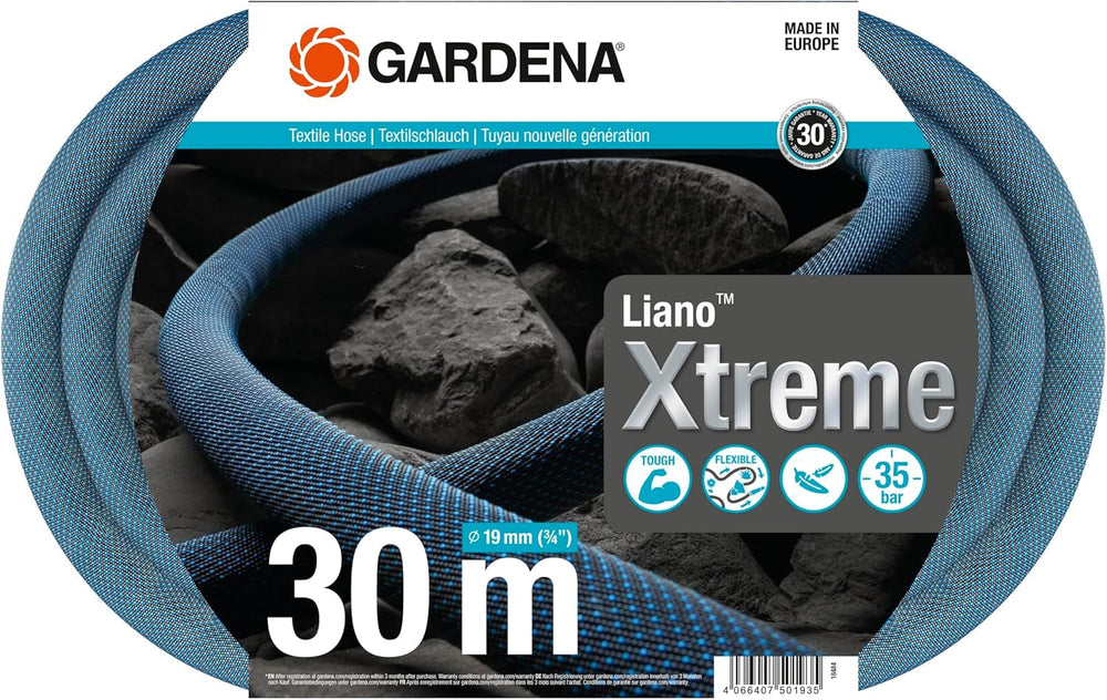 Gardena Liano Xtreme 3/4", Set 30m : Tuyau d'arrosage textile extrêmement robuste avec tuyau intérieur en PVC, léger, résistant aux intempéries (18484-20), Multicolore