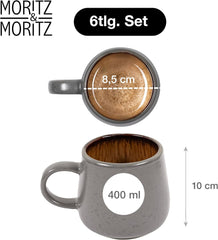 Moritz & Moritz SOLID Service de table en grès 24 pièces pour 6 personnes - Service de table pour 6 personnes composé de 6 assiettes plates, 6 petites assiettes, 6 assiettes plates et 6 tasses avec poignées