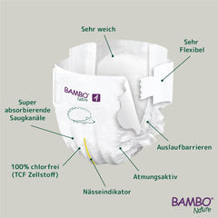 Couches Bambo Nature pour bébés, taille 4 (7-14 kg), 144 pcs, boîte mensuelle | Couches haut de gamme avec protection améliorée contre les fuites | Confort et liberté ultimes pour les enfants actifs | Couches testées dermatologiquement