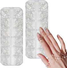 12 Größen Nail Art Perlen, Flache Perlen, Nail Art Accessoires, Halbkreis Nagelperlen, Weiße Nail Charms Und Glitzersteine Nägel Für Nail Art Design, DIY Basteln, Alltag, Hochzeit (2 boîtes)