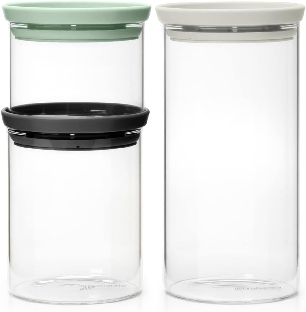 Brabantia - Recipient de sticlă stivuibil cu capac - Set de 3 - Depozitare alimente - Păstrează alimentele proaspete pentru mai mult timp - Sigiliu din silicon - Se spală în mașina de spălat vase - Gri închis/gri deschis/verde jad - 0.3L/0.6L/1.1L Cutii depozitare alimente Naty Shop Titlu implicit