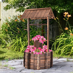 Fontaine en bois 56x56x114cm avec toit, Puits à souhaits, Décoration de jardin, Pots de fleurs, Fontaine décorative, Pots de fleurs, Marron