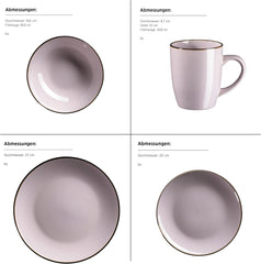 Service de table moderne pour 6 personnes avec bord en laiton, service combiné de 24 pièces en forme de tasse sans bord, lavande