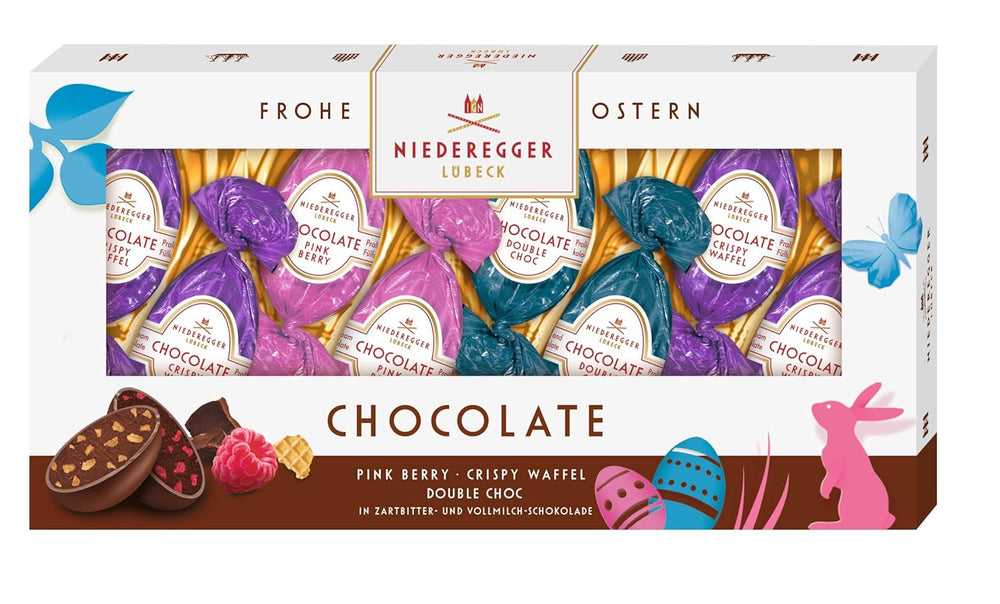 Niederegger | Oeufs en chocolat | 1x100g | Oeufs en chocolat aux saveurs de baies roses, gaufrette croustillante et double chocolat | Enrobé de chocolat noir et au lait | Cadeau de Pâques | Oeufs en chocolat