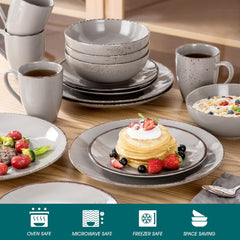 Vancasso Service de table pour 12 personnes Navia Service de table en grès 48 pièces avec assiettes, assiettes à salade, bols et tasses, aspect vintage, design naturel