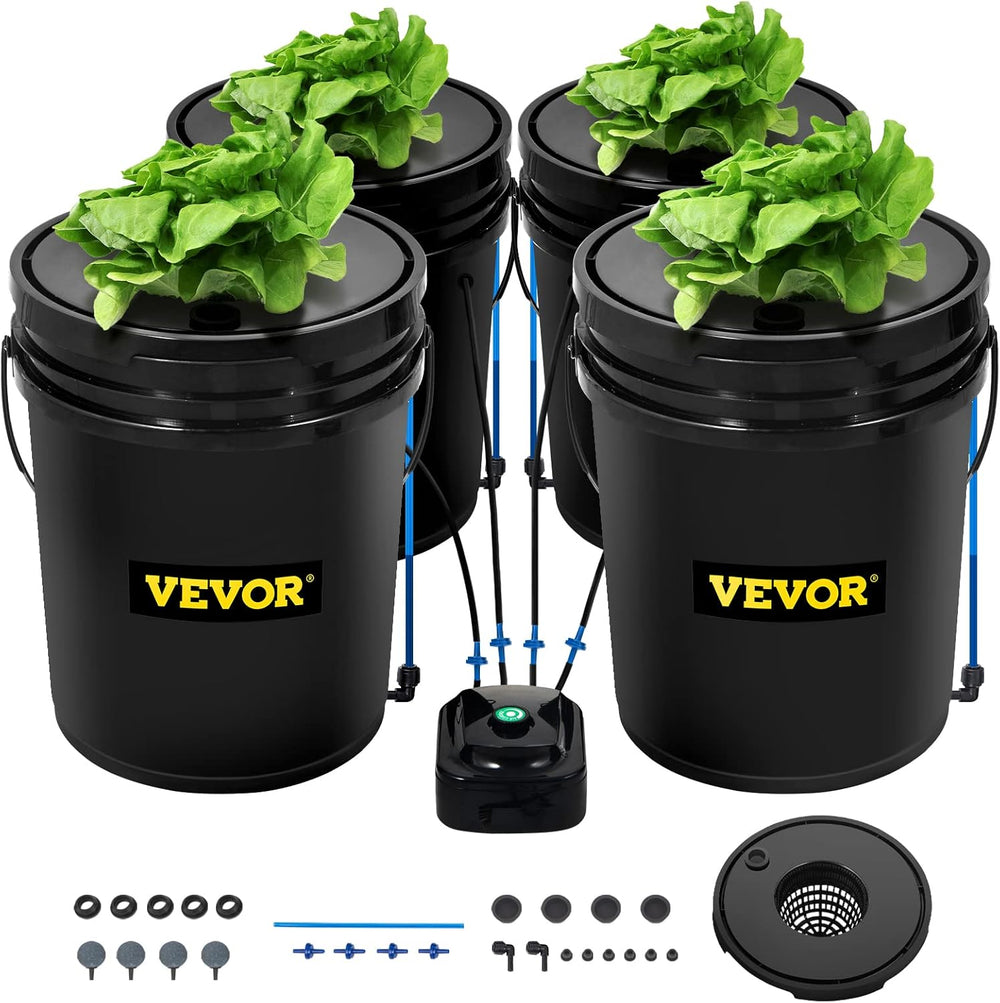 VEVOR DWC Système de culture hydroponique, systèmes de culture hydroponique, culture en eau profonde 4 seaux de 20 litres, système DWC avec pompe à air, pierres à air et indicateur de niveau d'eau pour légumes à feuilles