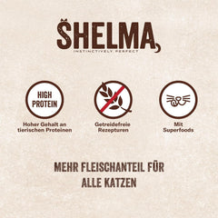 Hrană umedă pentru pisici Shelma cu curcan în sos cu roșii și ierburi – Hrană completă fără cereale cu conținut ridicat de carne – 28 x 85 g (2,38 kg)
