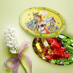 Cutie cadou Heidel cu felicitări de Paște 183g, praline premium din ciocolată cu lapte cu cutie metalică decorativă, ideală ca și cadou de Paște