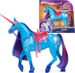 Unicorn River Unicorn Academy - Licorne Isabel originale de 28 cm de haut de la série Netflix, avec crinière et queue réelles, bride, selle et brosse amovibles, pour les enfants à partir de 4 ans
