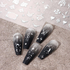 Autocollants d'ongles métalliques argentés 3D, autocollants d'ongles pour femmes, étoile, lune, soleil, feuille d'ongles, autocollants auto-adhésifs, autocollants d'ongles papillon, autocollants d'ongles, accessoires de conception d'ongles, 8 pièces