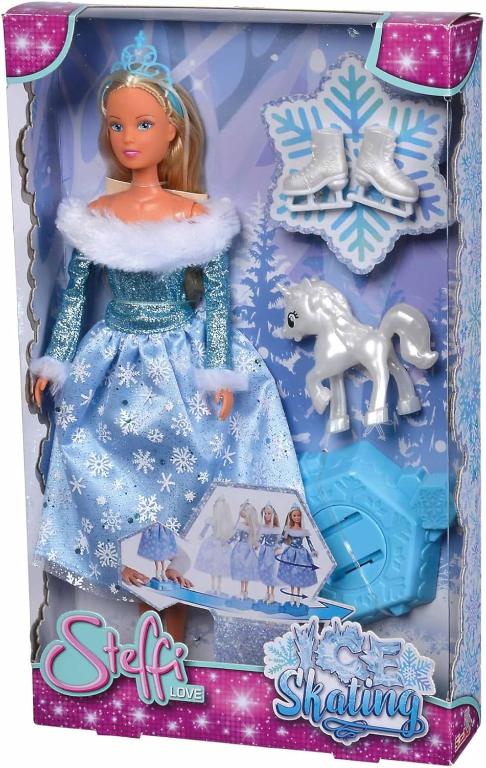 Simba 105733631 - Steffi Love Skating, poupée de jeu Winter Princess avec plateforme de patinage magique et petite licorne, 29 cm, 3 ans et plus