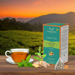 Teanourish Ghimbir Tulsi Ceai verde | 20 pliculețe de ceai piramidale | Darjeeling frunze întregi | Superalimente indiene Ghimbir, Tulsi & Lemn dulce | Ameliorează stresul și favorizează digestia