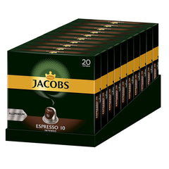 Capsules de café Espresso Intenso, intensité 10 sur 12, 10 x 20 tasses & Capsules de café Lungo Decaffeinato - intensité 6- 200 capsules compatibles Nespresso, 10er Pack, 10 x 20 tasses