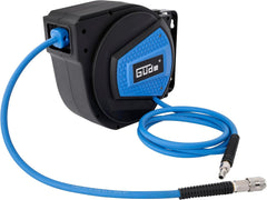 Enrouleur de tuyau automatique Güde 10 m (pression de service 12 bar, rotation 180°, tuyau d'air comprimé extrêmement flexible, résistant à l'huile et à la température, filetage de raccordement 1/4", support mural)