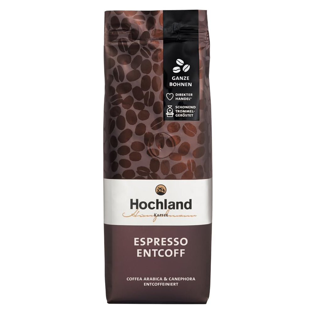 Highland Coffee – Espresso décaféiné (250g) – Décaféiné, fort et harmonieux – Chocolat noir, bois de cèdre, malt – Pour porte-filtre et machines à expresso automatiques – Arabica et Robusta – Amérique Latine et Inde