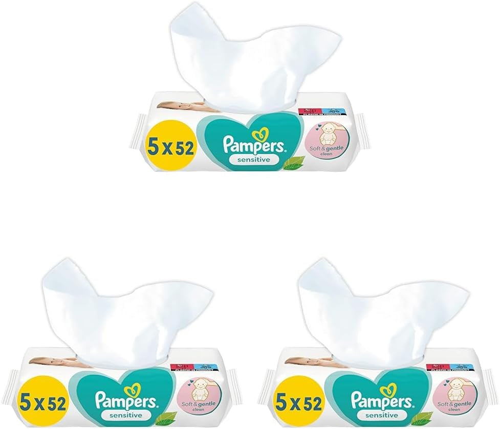 Lingettes humides pour bébé sensible, 260 lingettes (5 x 52), sans parfum, pour un nettoyage en douceur (paquet de 3)