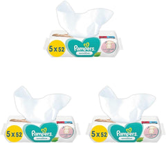 Lingettes humides pour bébé sensible, 260 lingettes (5 x 52), sans parfum, pour un nettoyage en douceur (paquet de 3)