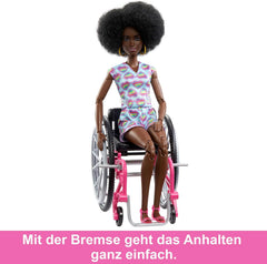 Barbie Fashionistas, mit schwarzen Haaren, im Rollstuhl mit farbigem Globalement, Rollstuhl mit Rampe, inkl. Poupée, cadeau pour enfants, jeu à partir de 3 ans, HJT14