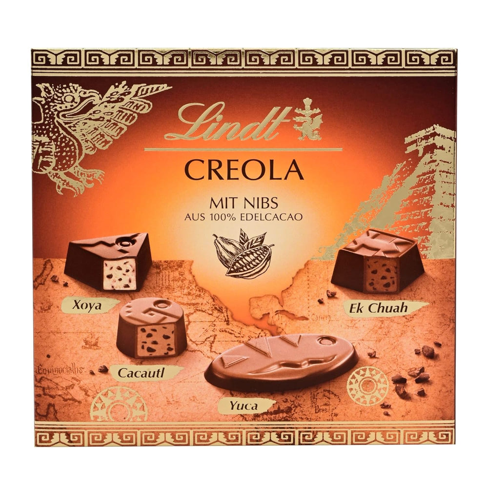 Chocolat Lindt | Coffret Praliné Créole | 100g | 9 pralines réparties en 4 délicieux assortiments, à base de cacao 100% fin, sans alcool | Coffret chocolat