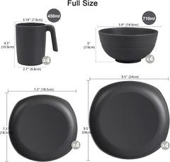 Ensemble de vaisselle en PP | Service de table léger et indestructible de 16 pièces pour enfants et adultes, 4 assiettes, 4 assiettes à dessert, 4 bols, 4 tasses, ensemble combiné pour 4 personnes