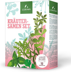 LERAVA Kräutersamen Set – 12 Sorten: Basilicum Samen, Parsilie Samen, Coriandre, Origan & plus – Saatgut für frische Kräuter im Garten oder Topf, Premium Samen für Küche & Balkon - Samen set, graines