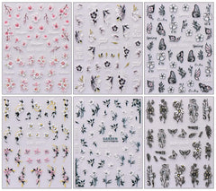 JMEOWIO 6 Blatt 3D Nagelsticker Frühlings Blume Nail Art Sticker Selbstklebend Nagelaufkleber 5D Stereoskopisch Bunte Sommer Blumen Dekoration Nageldesign Zubehör