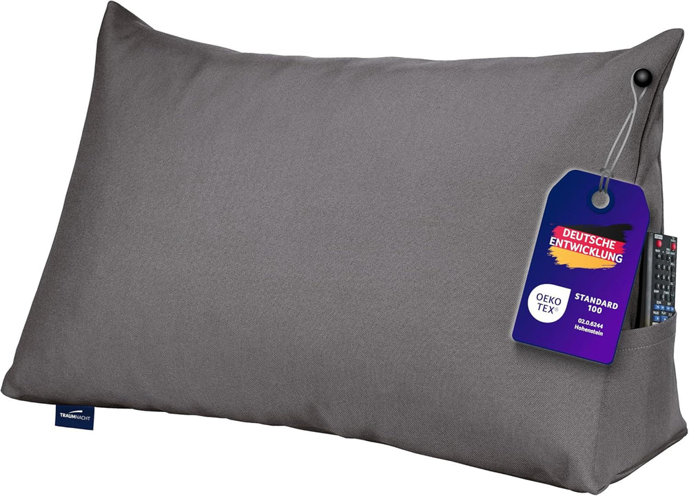 Coussin de lecture Traumnacht Cosy Back Cushion, 70 x 40 cm, gris foncé, housse amovible et lavable en 100 % polyester, poche latérale pratique, certifié Oeko-Tex, produit selon les normes de qualité allemandes.