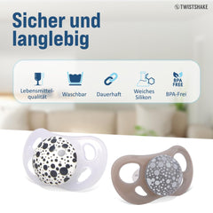 Sucettes pour bébé Twistshake – Paquet de 2 | Forme orthodontique | Ultra-léger | Tétine en silicone souple | Sans BPA | Convient aux bébés à partir de 6 mois | Gris-blanc
