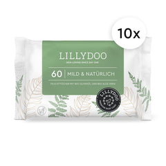 Șervețele umede LILLYDOO verzi, 600 bucăți (10 x 60), șervețel 100% fără plastic, rezistent la rupere - fără parfum, delicate și naturale, curățare delicată pentru pielea sensibilă, testate dermatologic