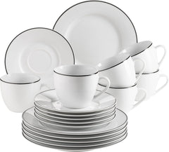 Mäser Nola Series Service à café moderne pour 6 personnes Blanc avec bord noir Service de table 18 pièces Tasses à café Soucoupes et assiettes à dessert – Service à café rond Service à café Blanc