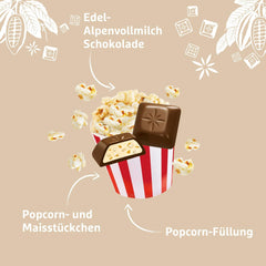 Popcorn Schogetten 1 barre de chocolat x 100g, chocolat au lait avec popcorn et morceaux de maïs, morceaux individuels pratiques. Un délice. Pièce par pièce.