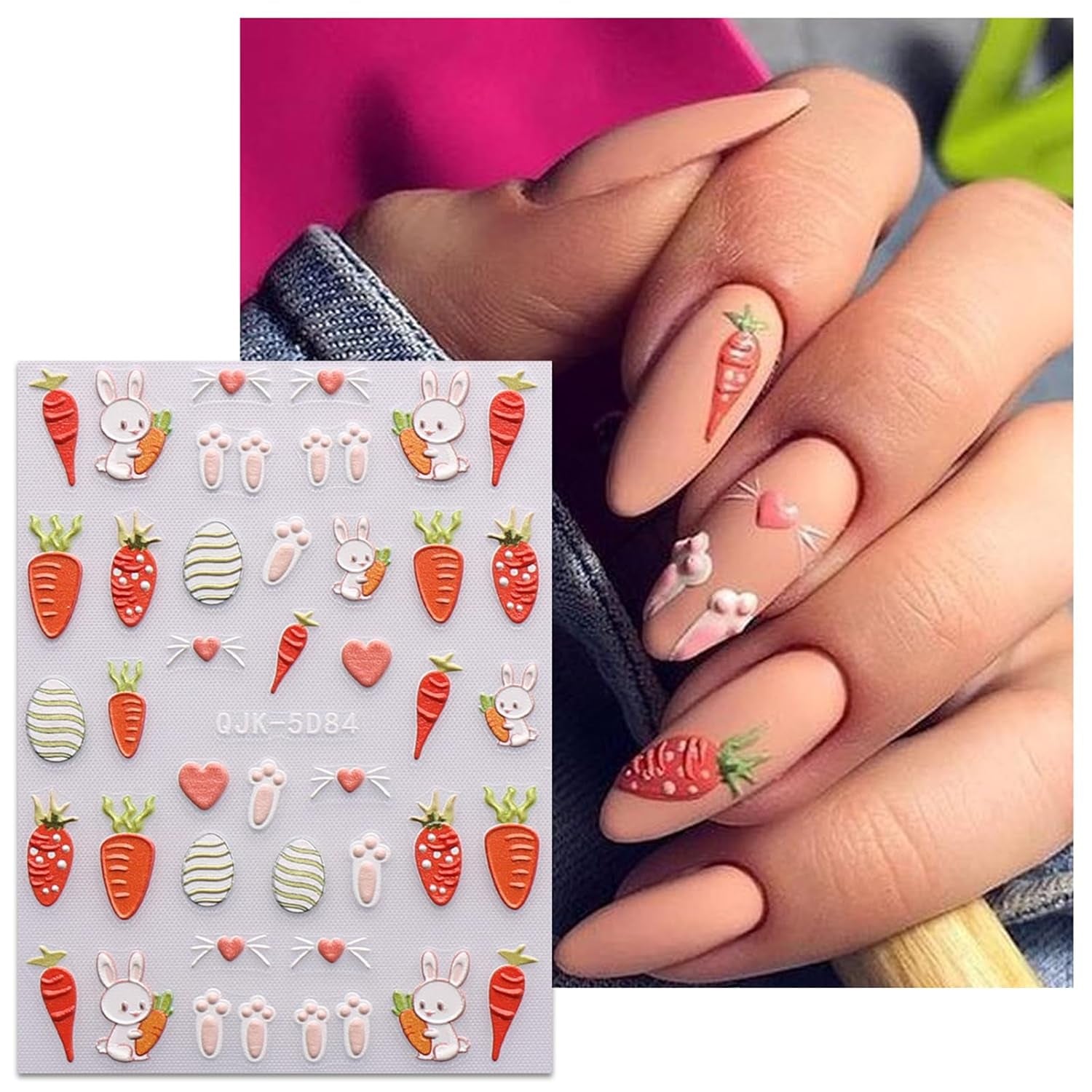 JMEOWIO 6 Blatt 3D Nagelsticker Ostern Nail Art Sticker Selbstklebend Nagelaufkleber 5D Stereoskopisch Süßer Hase Ei Dekoration Nageldesign Zubehör