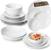 MALACASA Service de table pour 12 personnes, service de table moderne en porcelaine Amelia 48 pièces, service de table avec 12 assiettes plates, assiettes à dessert, assiettes Suma et bols à céréales, service de table moderne pour 12 personnes – Blanc