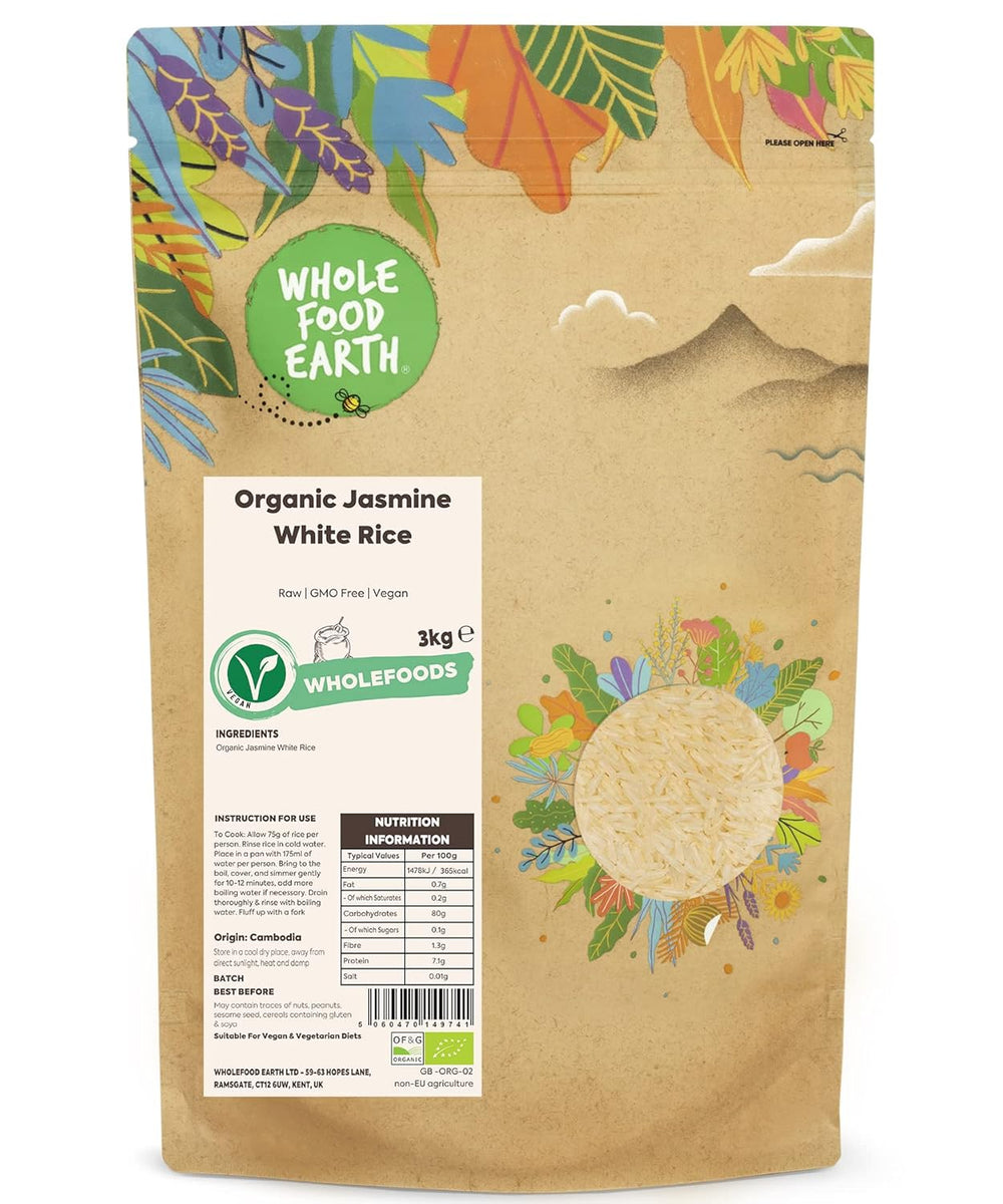 Riz blanc au jasmin Wholefood Earth Bio 3kg Cru | Sans OGM | Végétalien | Source de fibres | Certifié biologique