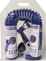 590078 – Set furtun spiralat, albastru, 15 metri (diametru 9 mm) + pistol multifuncțional cu 8 duze + filet interior automat cu adaptor ¾-½ + 2 conectori rapizi + suport de agățare