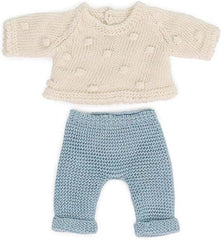 Ensemble de vêtements pour poupées Miniland, en matériau recyclé, pour chiots de 21 cm. Modèle : Pull und Hose, weiß und blau