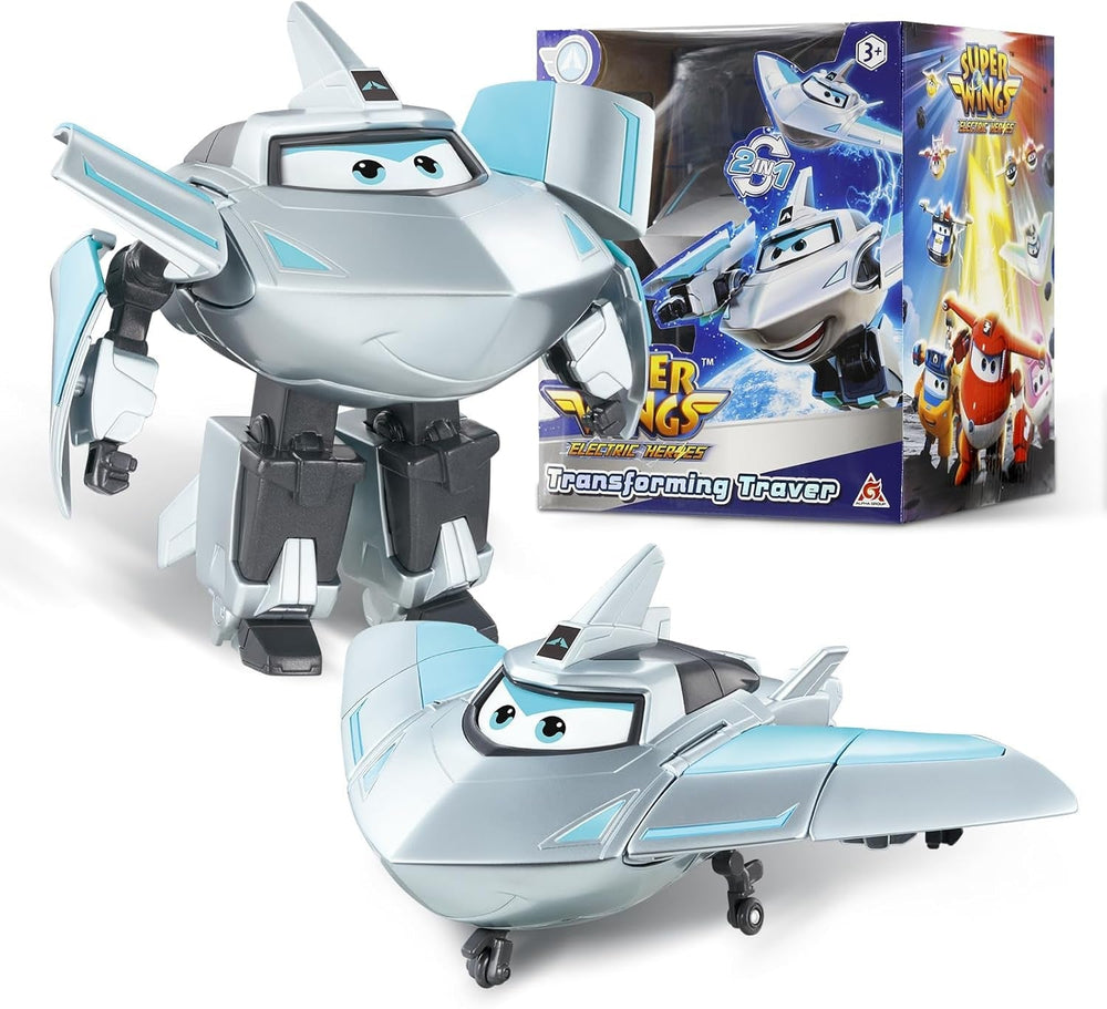 Avion de transformation Super Wings, voyageur suralimenté, env. Grande figurine de jeu pour enfants de 12,7 cm, avion jouet et figurine de robot pour garçons et filles de plus de 3 ans, figurines d'action argentées Naty Shop Traver