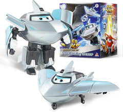 Avion de transformation Super Wings, voyageur suralimenté, env. Grande figurine de jeu pour enfants de 12,7 cm, avion jouet et figurine de robot pour garçons et filles de plus de 3 ans, figurines d'action argentées Naty Shop Traver