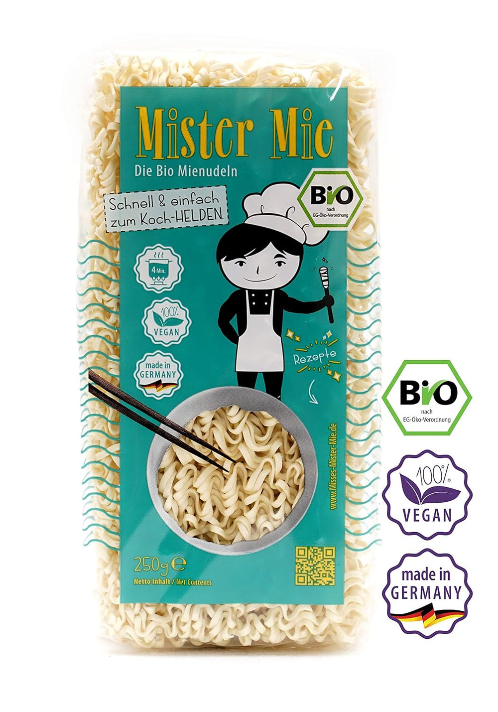 1 x 250g Mister Mie BIO Nouilles Vegan Mienudeln DE-ÖKO-003 Nouilles asiatiques fabriquées en DE